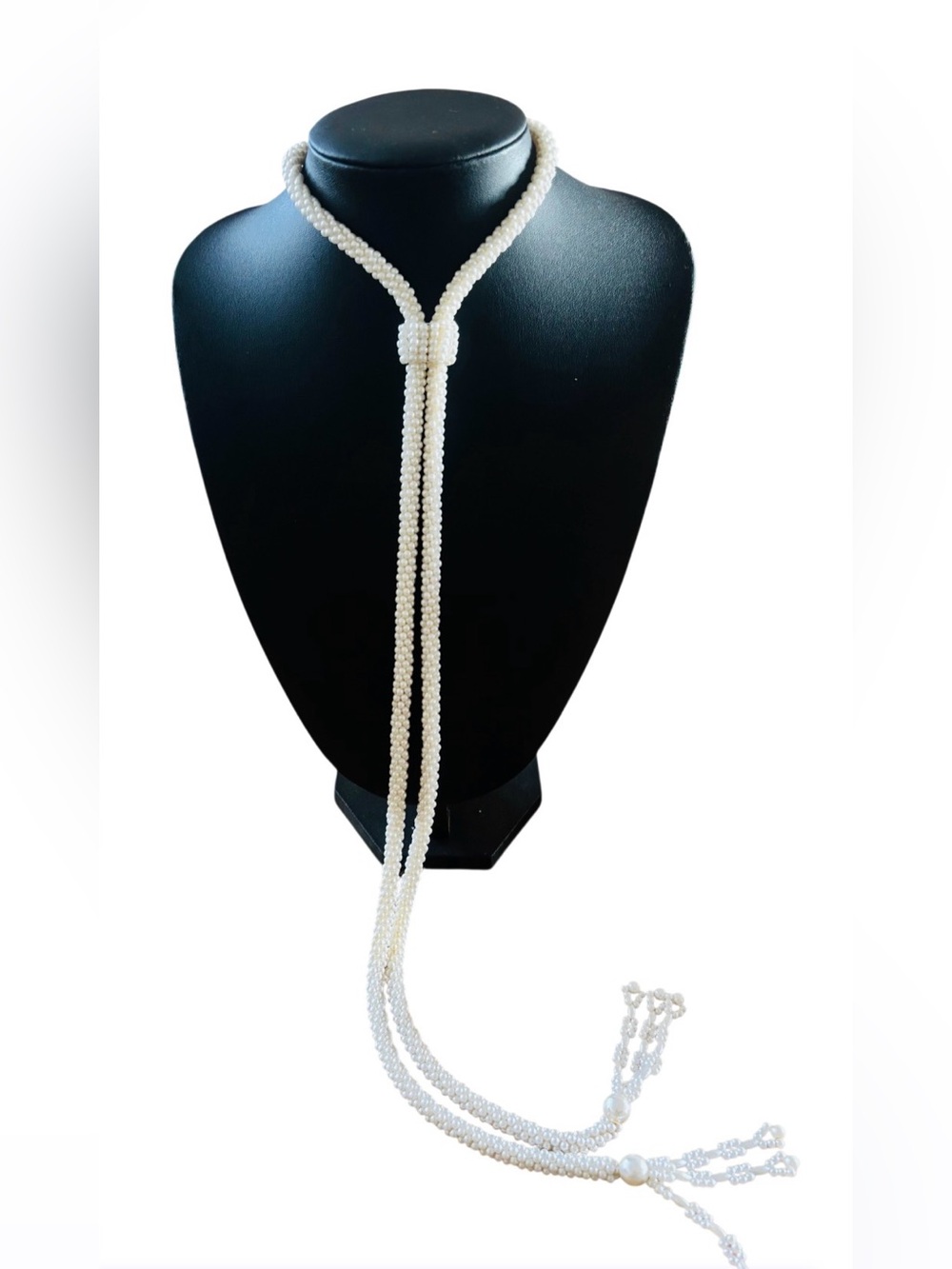Faux Pearl Lariat Tassel Necklace Adjustable Slider Loop Fringe